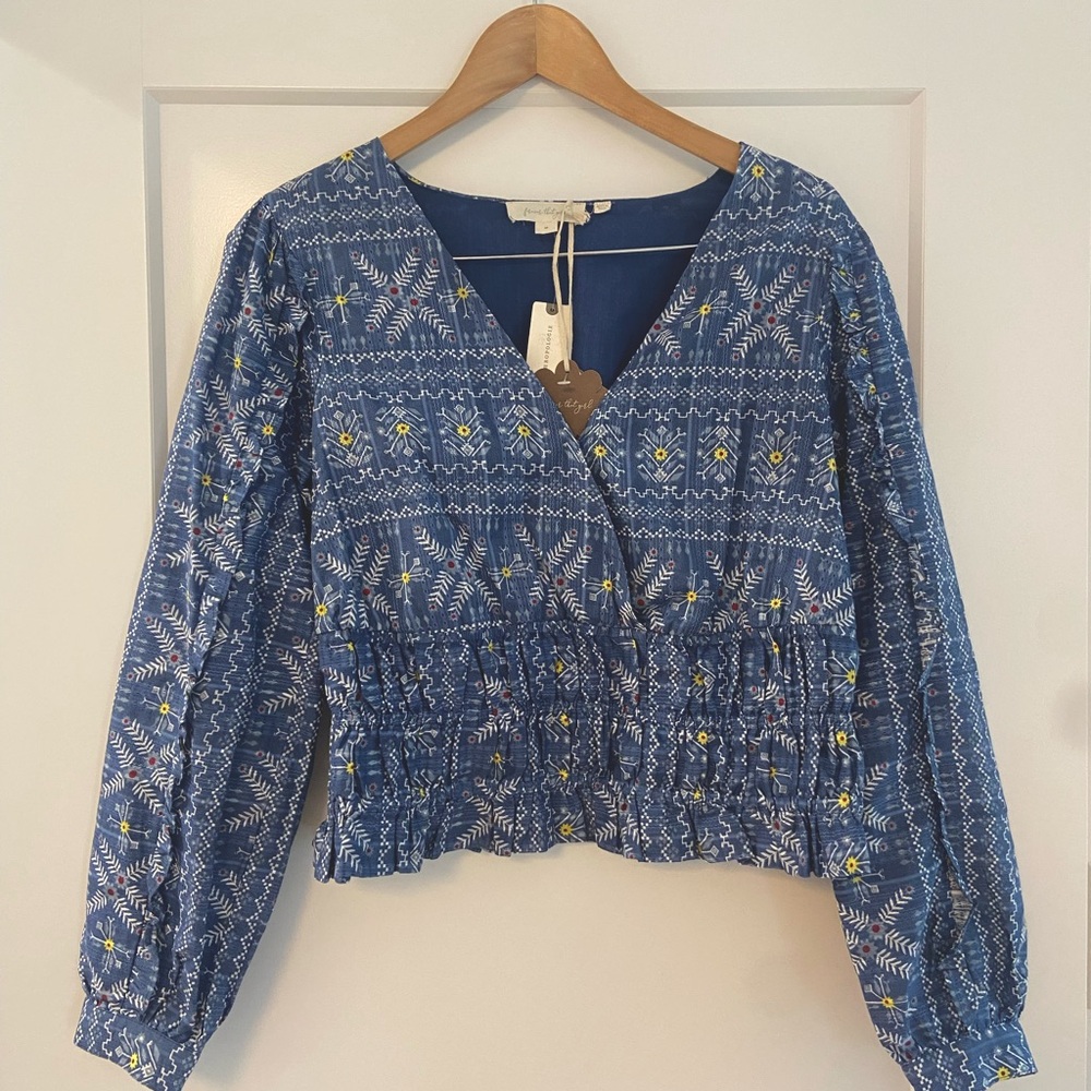 Anthropologie 💙 Forever That Girl Top Embroidered Blouse Top Blue Medium NWT